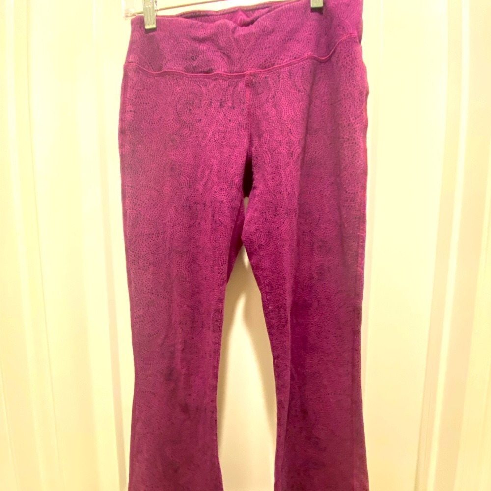Prana flared yoga pants—purple with black dotted print
